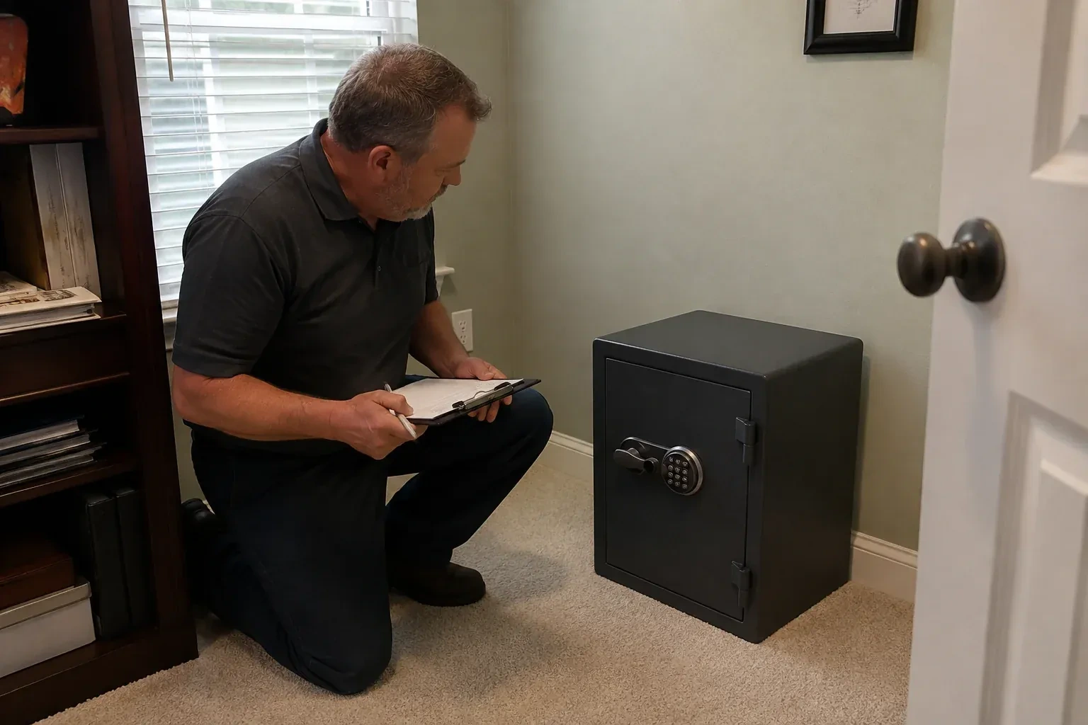 Person holding a clipboard beside a closed black safe with a circular keypad in a carpeted room. — Safe Installation & Servicing, Hamilton