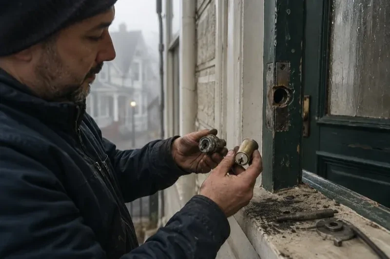 Person holding two lock cylinders beside an open painted door, with loose hardware and debris on the sill. — Seized & Jammed Lock Opening, Hamilton