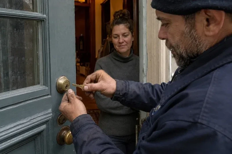 Person holding a key beside a brass-colored deadbolt on an open painted door while another person watches from inside. — Home Lockout Service, Hamilton
