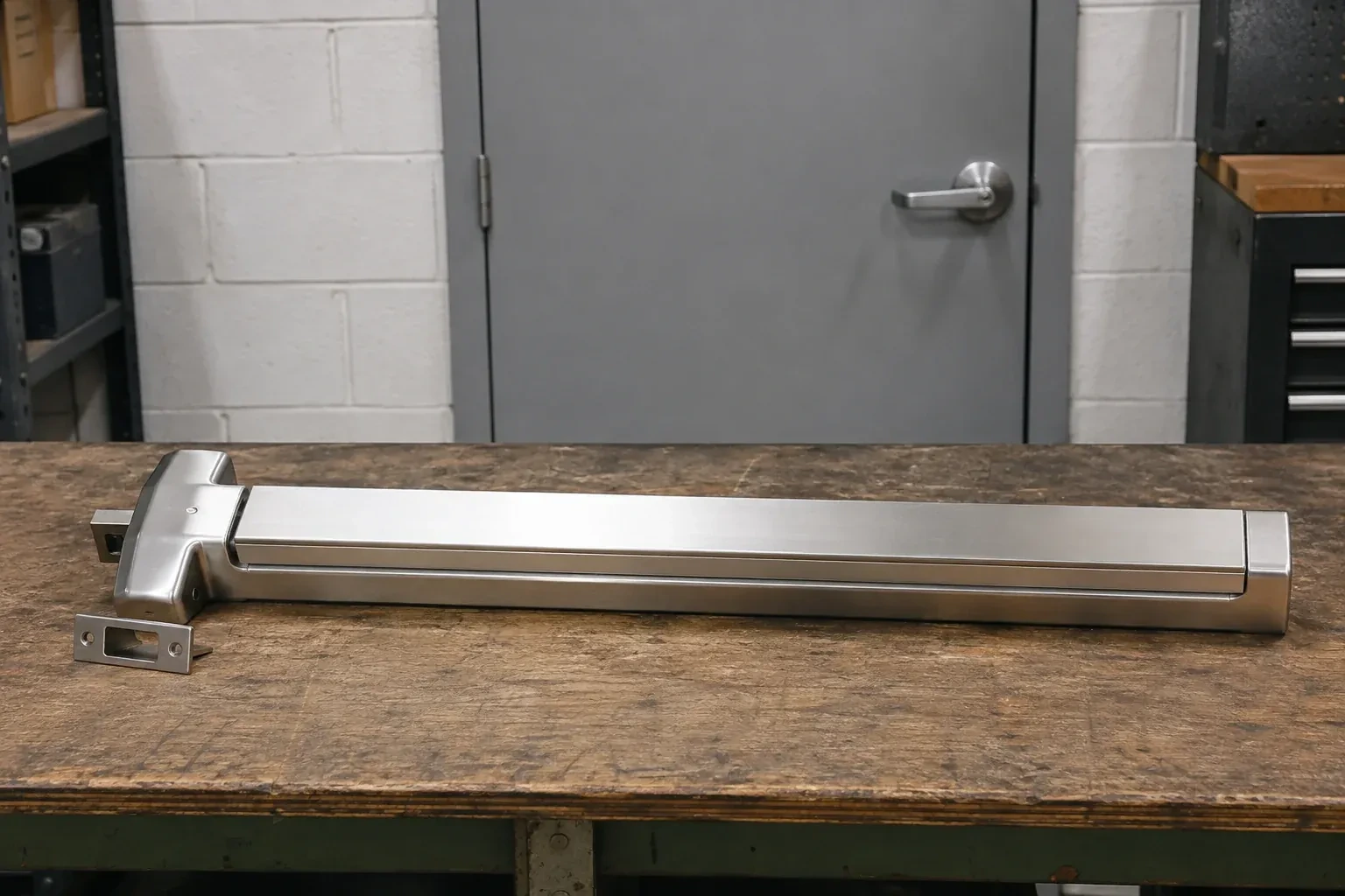 Detached horizontal exit device and separate strike component on a workshop bench. — Panic & Exit Hardware, Hamilton
