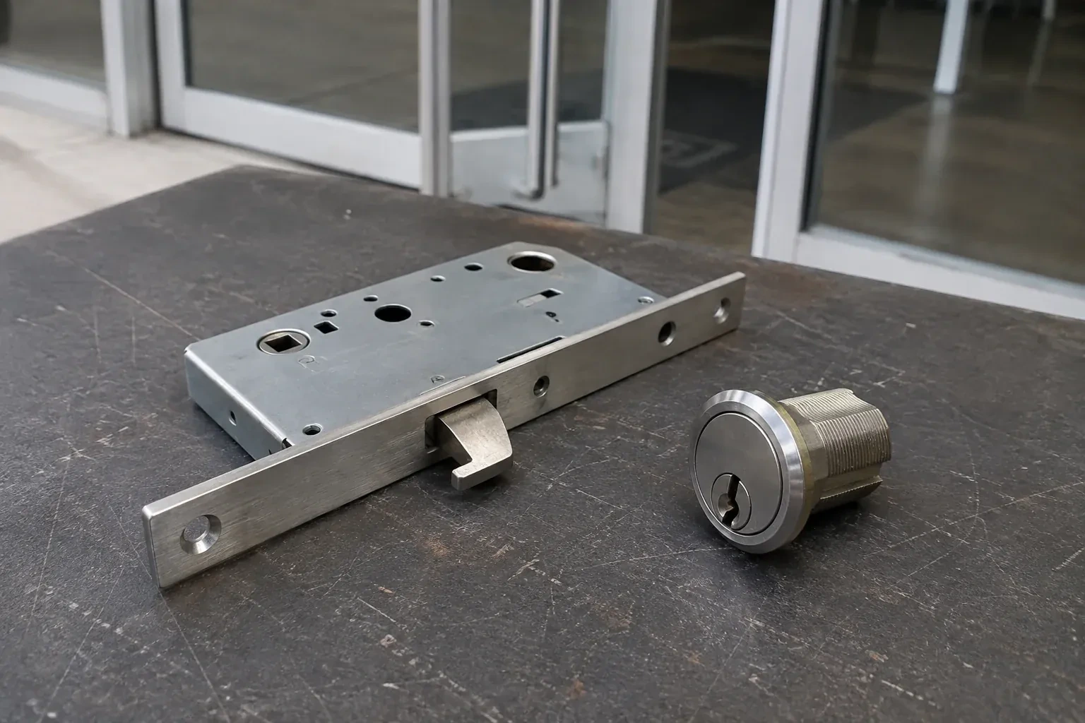 Detached mortise lock body with a projecting hook-shaped bolt beside a threaded cylinder. — Commercial-Grade Lock Replacement, Hamilton