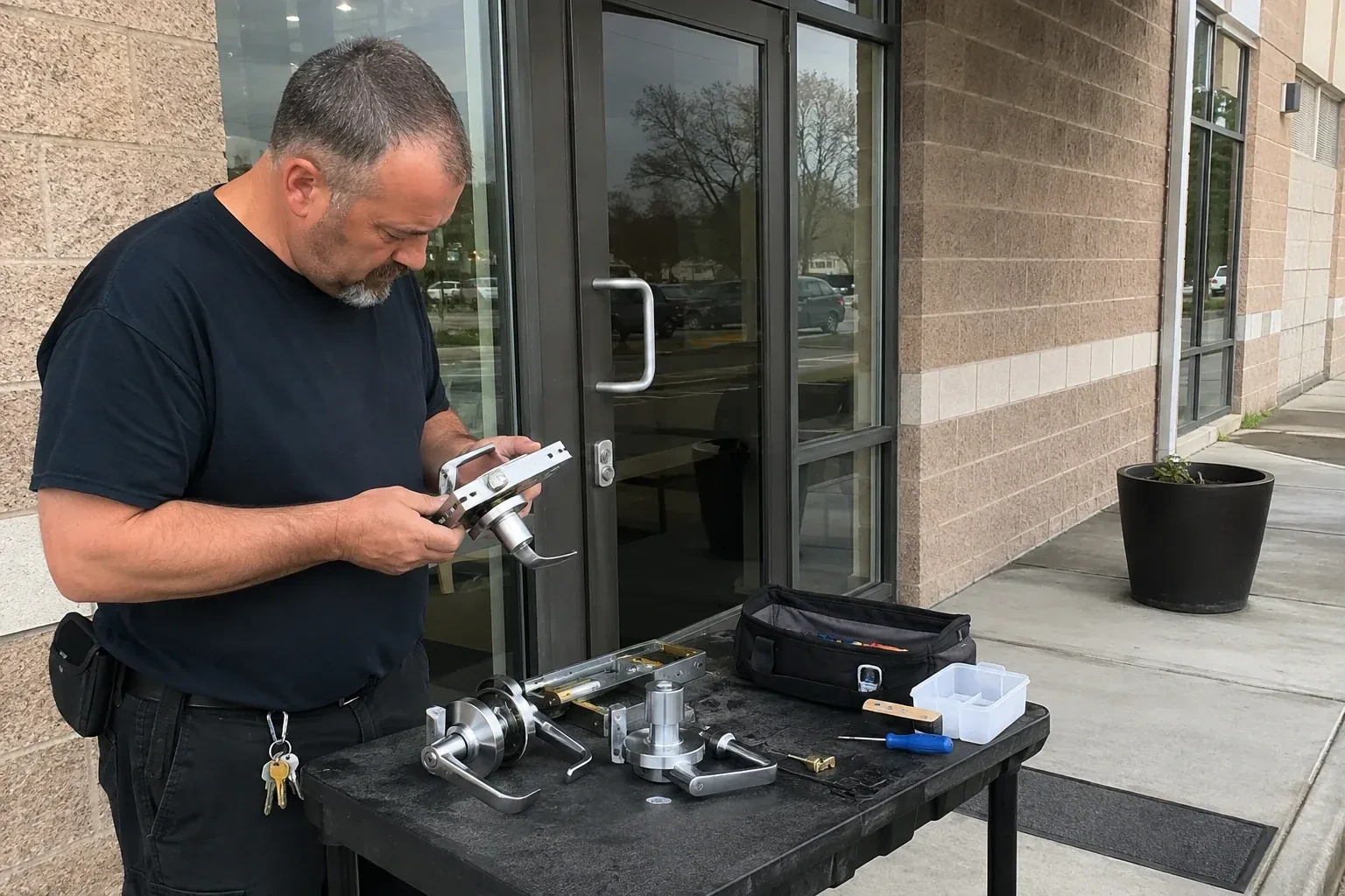 Person holding a door-handle and latch assembly at a worktable outside a glass entrance, with additional handles and tools laid out. — Commercial Rekeying, Hamilton