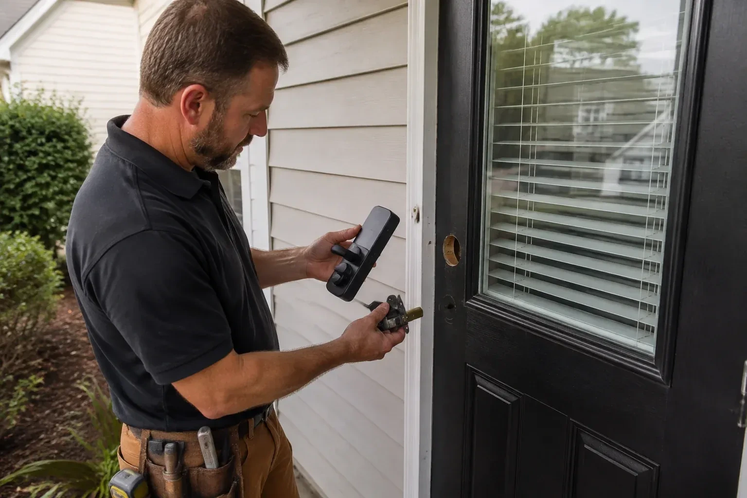Person holding a black door-handle assembly and a latch beside a glazed door with exposed lock openings. — Smart Lock Installation, Hamilton