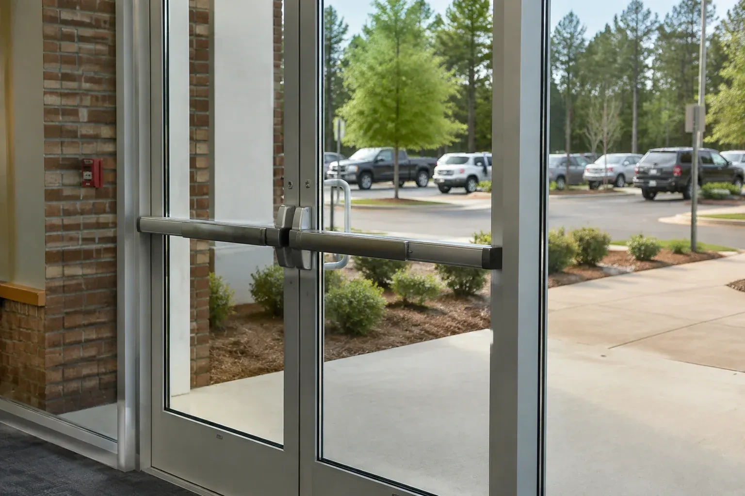 Double glass doors in metal frames with a horizontal push bar, beside a brick wall, with a parking lot and trees outside. — Mohawk Meadows