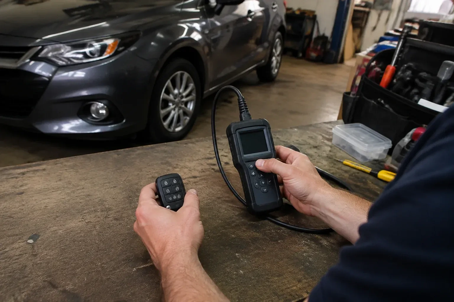 Hands holding a car-key fob and a small wired electronic device above a workbench in a garage with a parked car. — Key Fob Programming, Hamilton
