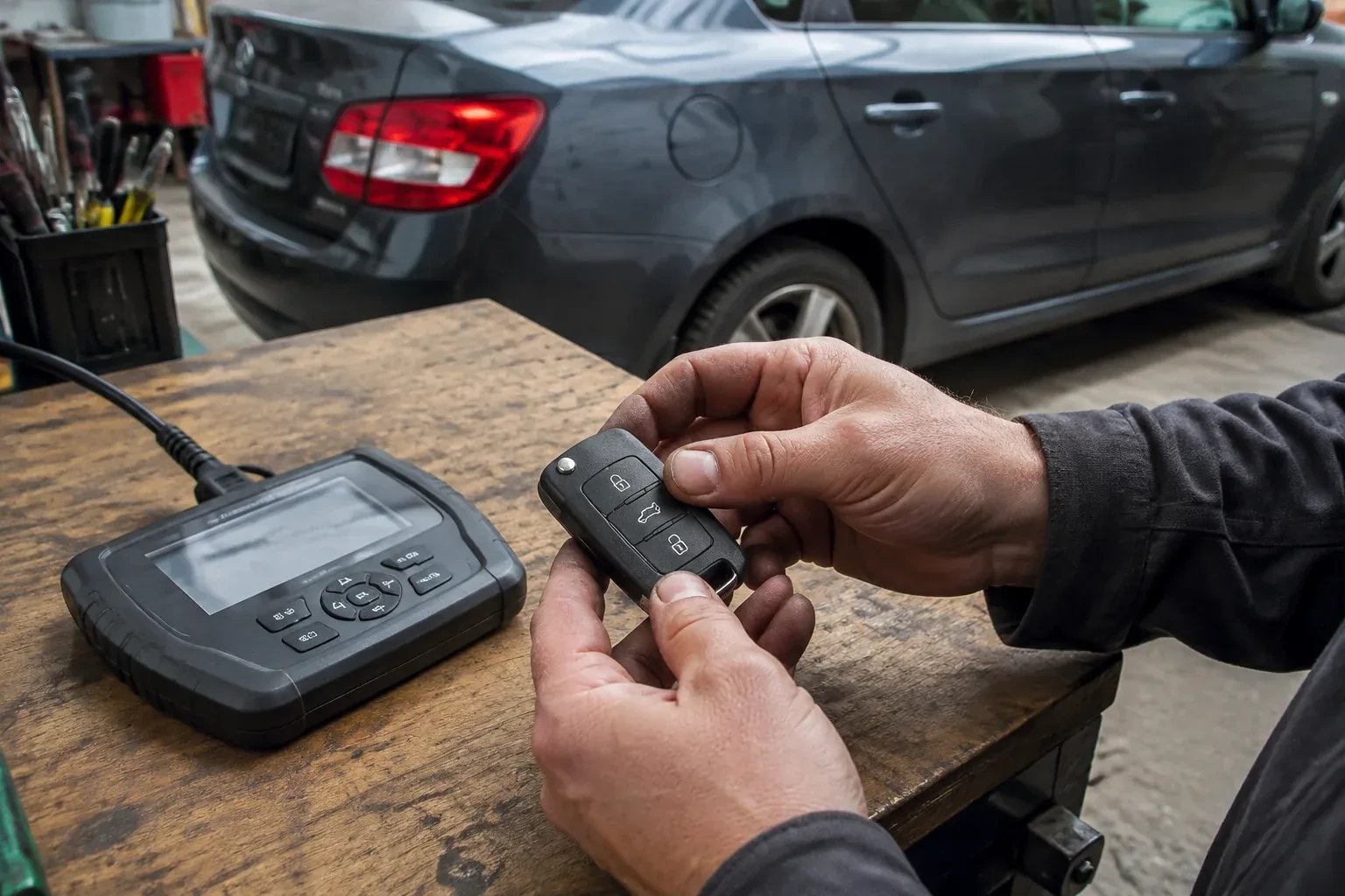 Hands holding a black car key fob above a workbench, beside a wired handheld device with a screen. — Car Key Replacement, Hamilton