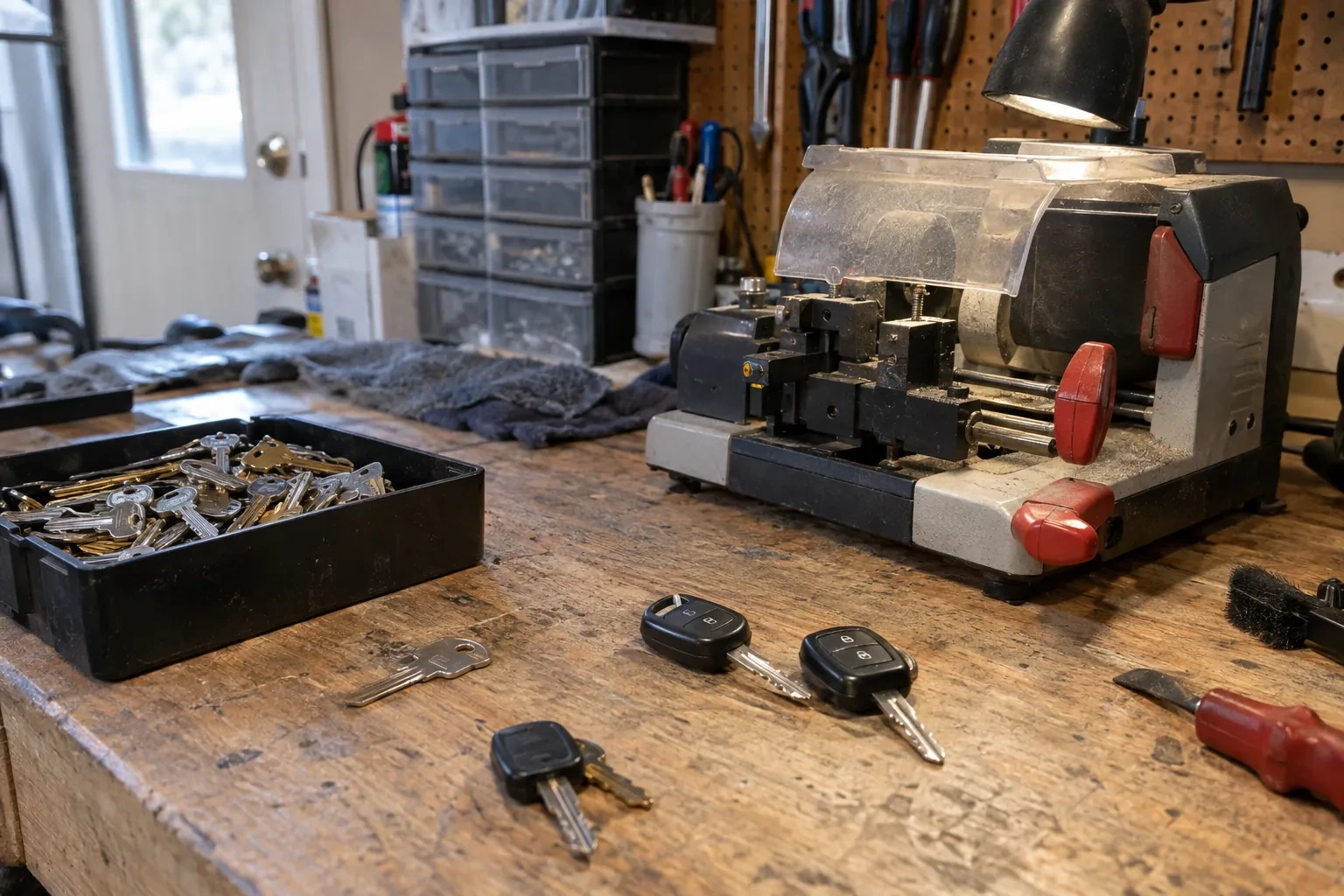 Key-cutting machine with red handles on a worn wooden bench beside a tray of loose keys, key fobs and a screwdriver. — Mineral Springs