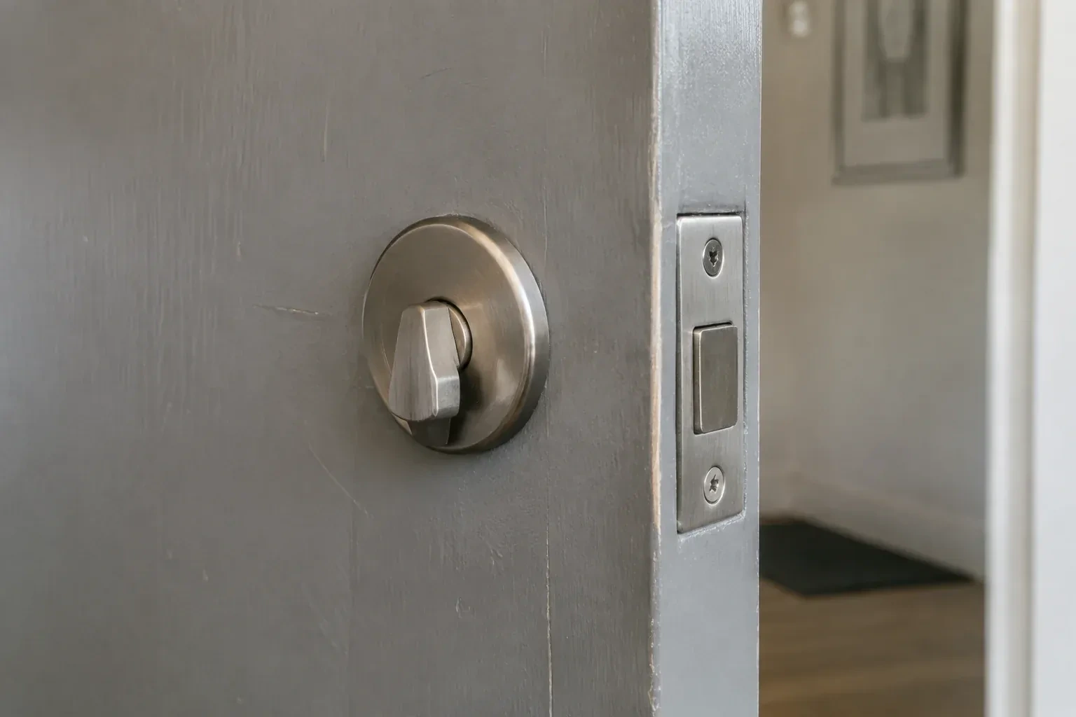 Close view of a satin-nickel deadbolt thumbturn and edge faceplate on a painted timber door. — Deadbolt Installation, Hamilton