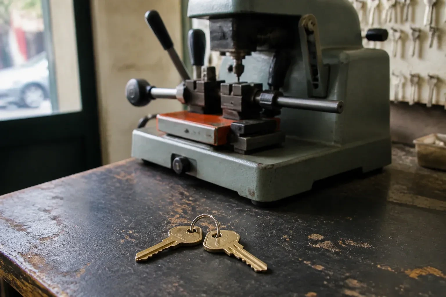 Two brass house keys on a ring resting on a workshop counter. — Spare Car Key Duplication, Hamilton