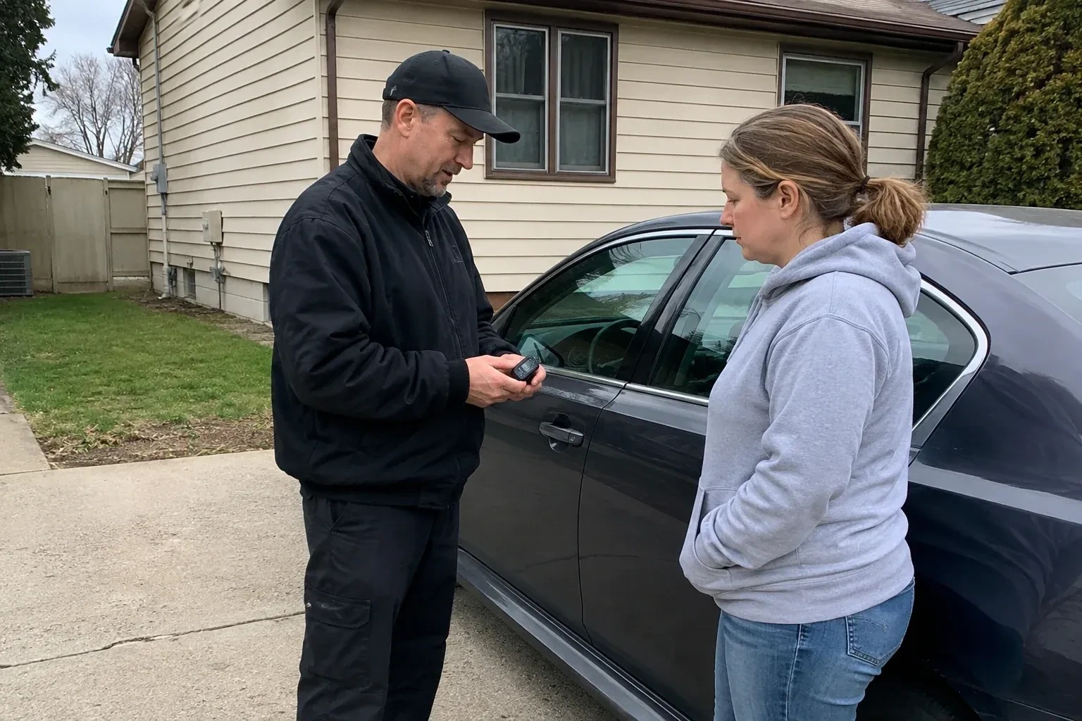 Two people standing beside a parked sedan, one wearing a cap and holding a small black device. — Vehicle Lock Repair, Hamilton