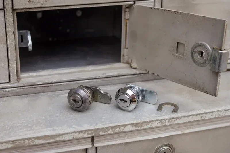 Two loose cam locks and a retaining clip resting below an open metal mailbox compartment. — Mailbox Lock Replacement, Hamilton